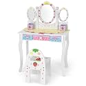 Pemberly Row Kids Vanity Princess Makeup Dressing Table Chair Set, MDF Construction, White Finish, Tri-Fold Mirror, Ergonomic Chair, Detachable Design, Compact Storage, Ideal for Bedroom or Playroom