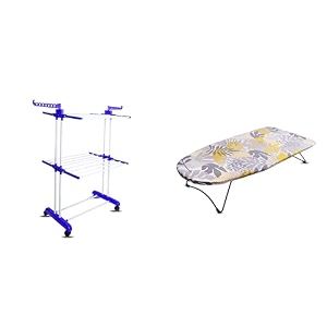 peng essentials doubleflex cloth drying stand 2-tier amp budapest tabletop ironing board - floral 73x34 cm  space-saving pre-assembled and portable solution for efficient laundry care - set of 2