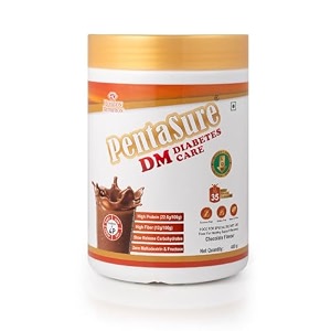 pentasure dm diabetes care - high protein high fiber low gi  zero fructose nutritional drink manages blood sugar manage cholesterol level  chocolate flavor - 400g  4p proteins power  low gi