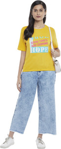 PEOPLE Printed Women Round Neck Yellow T-Shirt