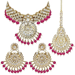 peora indian traditional 18k gold plated kundan bead choker necklace with earring mangtikka jewellery set for women girls