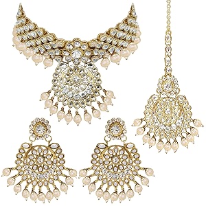 peora indian traditional 18k gold plated kundan bead choker necklace with earring mangtikka jewellery set for women girls