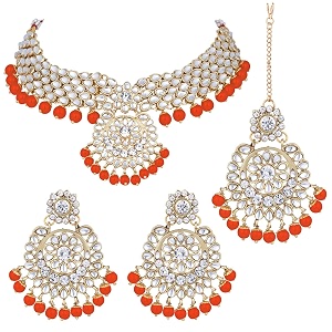 peora indian traditional 18k gold plated kundan bead choker necklace with earring mangtikka jewellery set for women girls