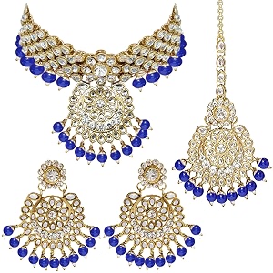 peora indian traditional 18k gold plated kundan bead choker necklace with earring mangtikka jewellery set for women girls