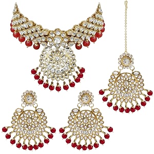 peora indian traditional 18k gold plated kundan bead choker necklace with earring mangtikka jewellery set for women girls