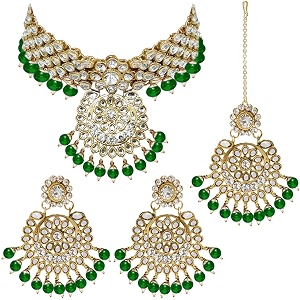 peora indian traditional 18k gold plated kundan bead choker necklace with earring mangtikka jewellery set for women girls