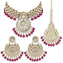 Peora Indian Traditional 18K Gold Plated Kundan Bead Choker Necklace with Earring Mangtikka Jewellery Set for Women Girls