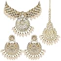 Peora Indian Traditional 18K Gold Plated Kundan Bead Choker Necklace with Earring Mangtikka Jewellery Set for Women Girls