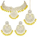 Peora Indian Traditional 18K Gold Plated Kundan Bead Choker Necklace with Earring Mangtikka Jewellery Set for Women Girls