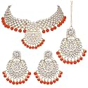 Peora Indian Traditional 18K Gold Plated Kundan Bead Choker Necklace with Earring Mangtikka Jewellery Set for Women Girls