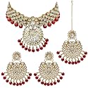 Peora Indian Traditional 18K Gold Plated Kundan Bead Choker Necklace with Earring Mangtikka Jewellery Set for Women Girls