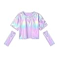 Perfashion Girls Metallic Shirts with Arm Sleeves, Shiny Crop Top for Dancing, Raves, Festivals, Costumes 4-15 Years