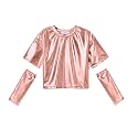 Perfashion Girls Metallic Shirts with Arm Sleeves, Shiny Crop Top for Dancing, Raves, Festivals, Costumes 4-15 Years