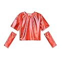 Perfashion Girls Metallic Shirts with Arm Sleeves, Shiny Crop Top for Dancing, Raves, Festivals, Costumes 4-15 Years