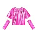 Perfashion Girls Metallic Shirts with Arm Sleeves, Shiny Crop Top for Dancing, Raves, Festivals, Costumes 4-15 Years