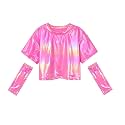 Perfashion Girls Metallic Shirts with Arm Sleeves, Shiny Crop Top for Dancing, Raves, Festivals, Costumes 4-15 Years