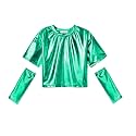 Perfashion Girls Metallic Shirts with Arm Sleeves, Shiny Crop Top for Dancing, Raves, Festivals, Costumes 4-15 Years