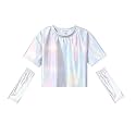 Perfashion Girls Metallic Shirts with Arm Sleeves, Shiny Crop Top for Dancing, Raves, Festivals, Costumes 4-15 Years