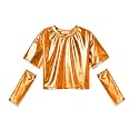 Perfashion Girls Metallic Shirts with Arm Sleeves, Shiny Crop Top for Dancing, Raves, Festivals, Costumes 4-15 Years