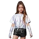 Perfashion Girls Metallic Shirts Shiny Tie Front Knot Crop Top with Arm Sleeves for Dancing Raves Festivals 4-15 Years