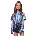 Perfashion Girls Metallic Shirts Shiny Tie Front Knot Crop Top with Arm Sleeves for Dancing Raves Festivals 4-15 Years