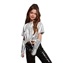 Perfashion Girls Metallic Shirts Shiny Tie Front Knot Crop Top with Arm Sleeves for Dancing Raves Festivals 4-15 Years