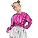 Perfashion Girls Metallic Shirts Shiny Tie Front Knot Crop Top with Arm Sleeves for Dancing Raves Festivals 4-15 Years
