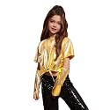 Perfashion Girls Metallic Shirts Shiny Tie Front Knot Crop Top with Arm Sleeves for Dancing Raves Festivals 4-15 Years