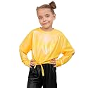 Perfashion Girls Metallic Shirts Shiny Tie Front Knot Crop Top with Arm Sleeves for Dancing Raves Festivals 4-15 Years