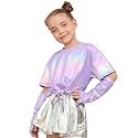 Perfashion Girls Metallic Shirts Shiny Tie Front Knot Crop Top with Arm Sleeves for Dancing Raves Festivals 4-15 Years