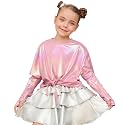 Perfashion Girls Metallic Shirts Shiny Tie Front Knot Crop Top with Arm Sleeves for Dancing Raves Festivals 4-15 Years