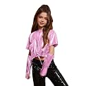 Perfashion Girls Metallic Shirts Shiny Tie Front Knot Crop Top with Arm Sleeves for Dancing Raves Festivals 4-15 Years
