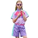 Perfashion Girls Summer 2 Piece Outfits 80s 90s Tracksuit Windbreaker &amp; Short Sets Hip Hop Dance 4-13Y