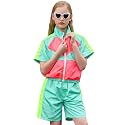 Perfashion Girls Summer 2 Piece Outfits 80s 90s Tracksuit Windbreaker &amp; Short Sets Hip Hop Dance 4-13Y