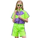 Perfashion Girls Summer 2 Piece Outfits 80s 90s Tracksuit Windbreaker &amp; Short Sets Hip Hop Dance 4-13Y