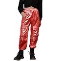 Perfashion Metallic Cargo Pants for Girls &amp; Womens Hip Hop Dance Multi-Pocket Joggers High Waist Pants 6-15Y