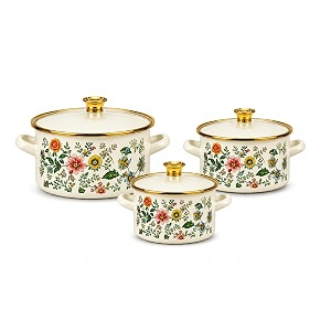 perfect home amp kitchen mini enamel casserole set with lid  enameled stockpot amp biryani pot  all cooktops compatible  kitchen gift pack set of mini casseroles for cooking reheating serving and storingset of 3 leaves amp flowers