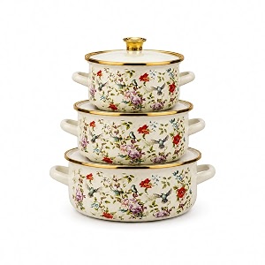 perfect home amp kitchen mini enamel casserole set with lid  enameled stockpot amp biryani pot  all cooktops compatible  kitchen gift pack set of mini casseroles for cooking reheating serving and storingset of 3 floral bird