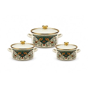 perfect home amp kitchen mini enamel casserole set with lid  enameled stockpot amp biryani pot  all cooktops compatible  kitchen gift pack set of mini casseroles for cooking reheating serving and storingset of 3 rajasthani print