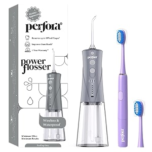 perfora power water dental flosser  1 year warranty  floss electric toothbrush dental flosser for teeth oral care 3 modes - electric brush 002 amp flosser combosterling grey amp lilac lavender