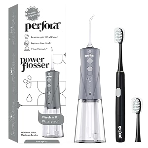 perfora power water dental flosser  1 year warranty  floss electric toothbrush dental flosser for teeth oral care 3 modes - electric brush 002 amp flosser combo  sterling grey amp dark night