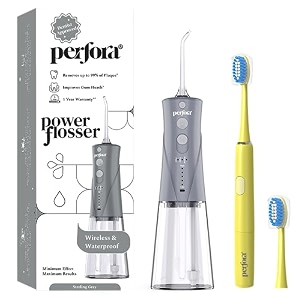 perfora power water dental flosser  1 year warranty  floss electric toothbrush dental flosser for teeth oral care 3 modes - electric brush 002 amp flosser combosterling grey amp sunshine yellow