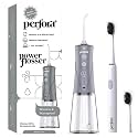 Perfora Power Water Dental Flosser | 1 Year Warranty | Floss, Electric Toothbrush, Dental Flosser For Teeth Oral Care, 3 Modes - Electric Brush 002 &amp; Flosser Combo|Sterling Grey &amp; Moonstone White