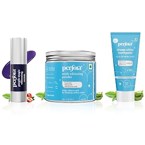 perfora perfect white combo  purple magic whitening serumteeth whitening powder amp dream white toothpaste  v34 colour corrector for teeth  enamel safe amp effective teeth whitener solution pack of 3