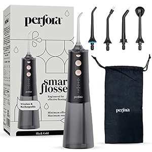 perfora smart water dental flosser - 220 ml tank capacity with 5 modes amp 5 nozzles 1 year warranty  dental flosser for teeth oral care ipx7 waterproof rechargeable black gold