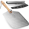 Perforated Pizza Peel 12 x 14 Inch. Paddle Spatula with Foldable Handle - Pizza Cutter Rocker 14'' Blade. Pizza Stone Oven Accessories and Chopper Knife Tools