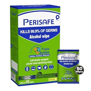 perisafe pocket sized sanitizing disinfectant wipes individually wrapped- pack of 50 wipes
