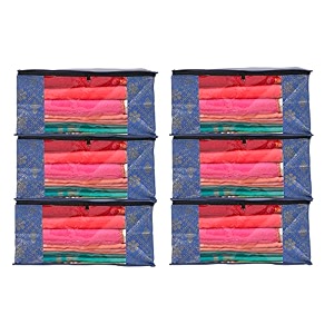 perpetual saree organizer for wardrobe -large size foldable saree covers with zip multipurpose storage bag for suit lehanga dress packing with transparent window pack of 2 pcs bluetd2m