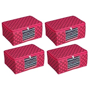 perpetual saree organizer for wardrobe -large size foldable saree covers with zip multipurpose storage bag for suit lehanga dress packing with transparent window pack of 4pcs rdo