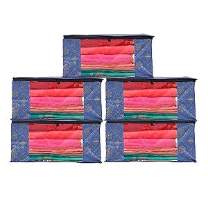 perpetual saree organizer for wardrobe -large size foldable saree covers with zip multipurpose storage bag for suit lehanga dress packing with transparent window pack of 2 pcs bluetd2m